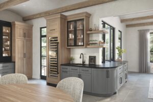 modern kitchen with rounded cabinetry and open shelving