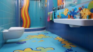 colorful child's bathroom. It's blue with orange and yellow accents
