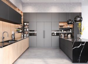 modern kitchen, cabinets have no handles